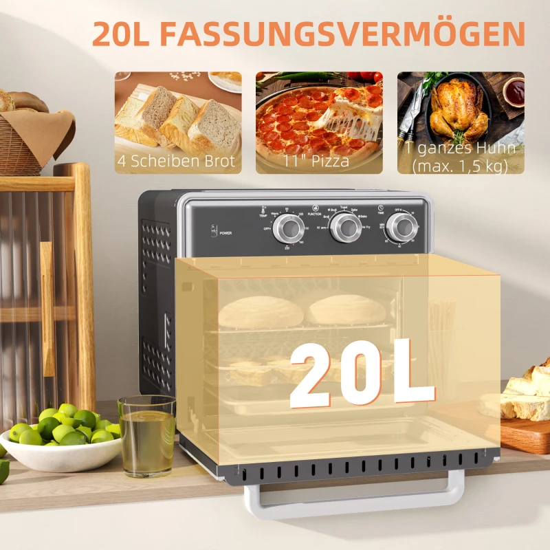 HOMCOM Minibackofen, 20L, 5 Funktionen, 360° Heißluft, Grillrost, Krümelblech, Grau(m-4)