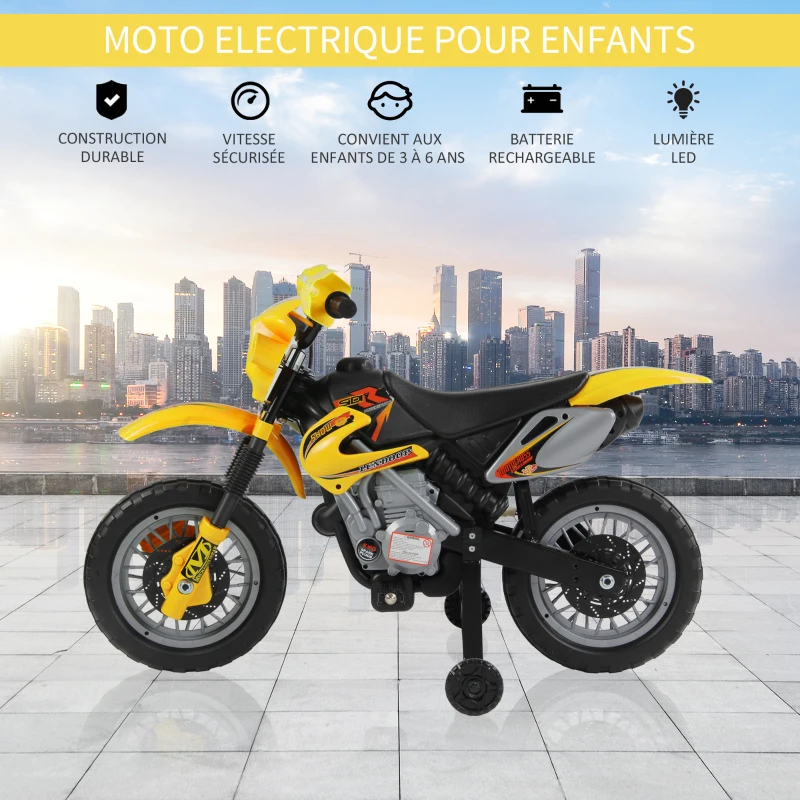 HOMCOM Moto électrique enfants, moto cross pour enfants avec batterie 6 V, phares, musiques et roues d'entraînement, 3 à 6 ans, charge 25KG, jaune et noir