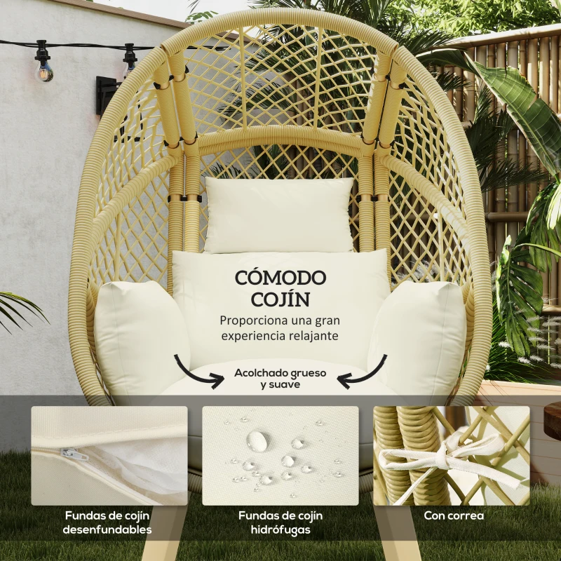 Outsunny Sillón de Ratán Sintético en Forma de Huevo con Reposacabezas  y Cojín Carga 160 kg 88x85x143 cm Natural y Crema