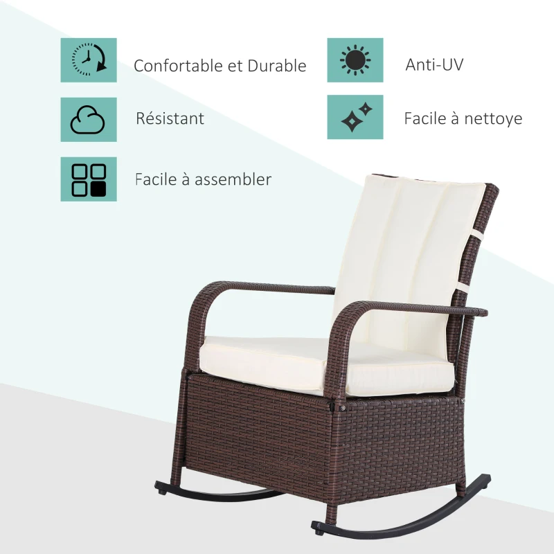 Outsunny Rocking Chair Fauteuil à Bascule Grand Confort Style Cosy Coussins Assise Dossier déperlant crème résine tressée Imitation rotin Chocolat