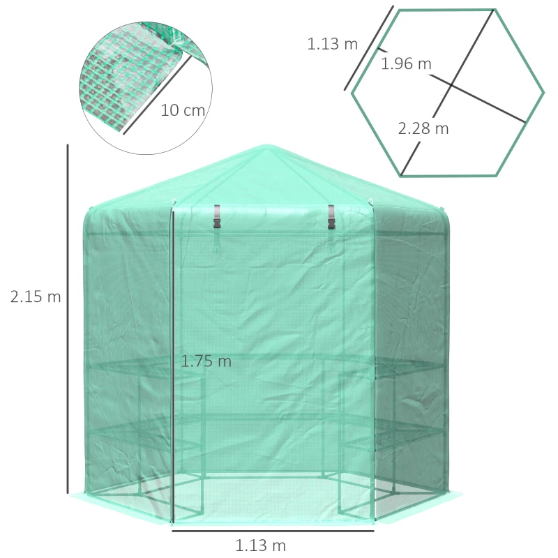 Outsunny Hexagon Walk In Greenhouse with Shelves, Outdoor Green House Grow House with Waterproof PE Cover and Roll-up Door, 228 x 196 x 215 cm, Green