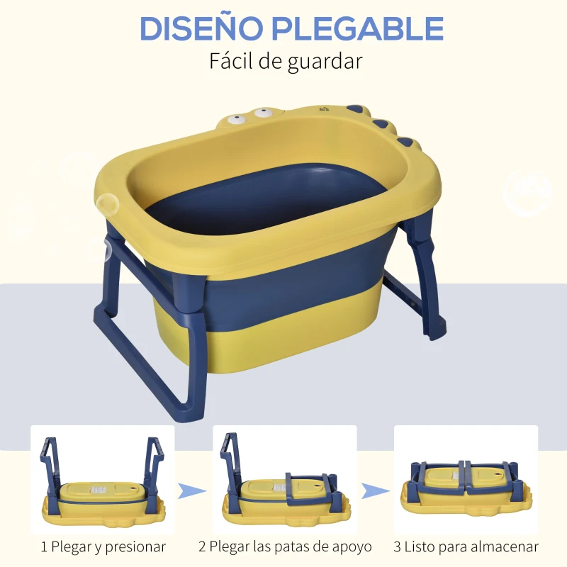 HOMCOM Bañera Plegable para Bebé Bañera Portátil para Niños con Patas Antideslizantes 75,3x55,4x43 cm Amarillo y Azul