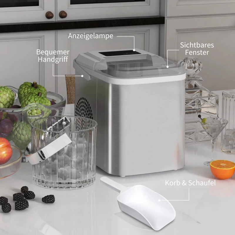 HOMCOM Eiswürfelmaschine, Ice Maker, 12 kg/Tag, 9 Würfel in 6-13 Min, 30,3 x 22,8 x 29 cm, Weiß