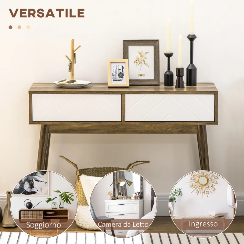 HOMCOM Tavolo Consolle da Ingresso e Soggiorno con 2 Cassetti Bianchi, Piano d'appoggio e Gambe in Legno, 100x35x75cm