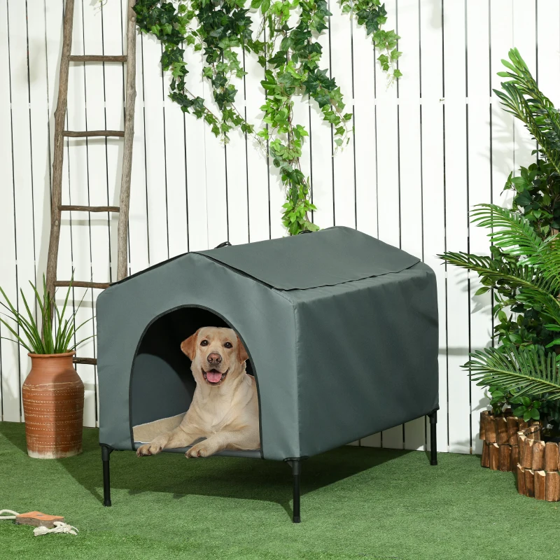 PawHut Caseta para Perros con Cubierta Exterior 110x75x87 cm Cama Elevada para Mascotas con Cojín para Perros Grandes Gris