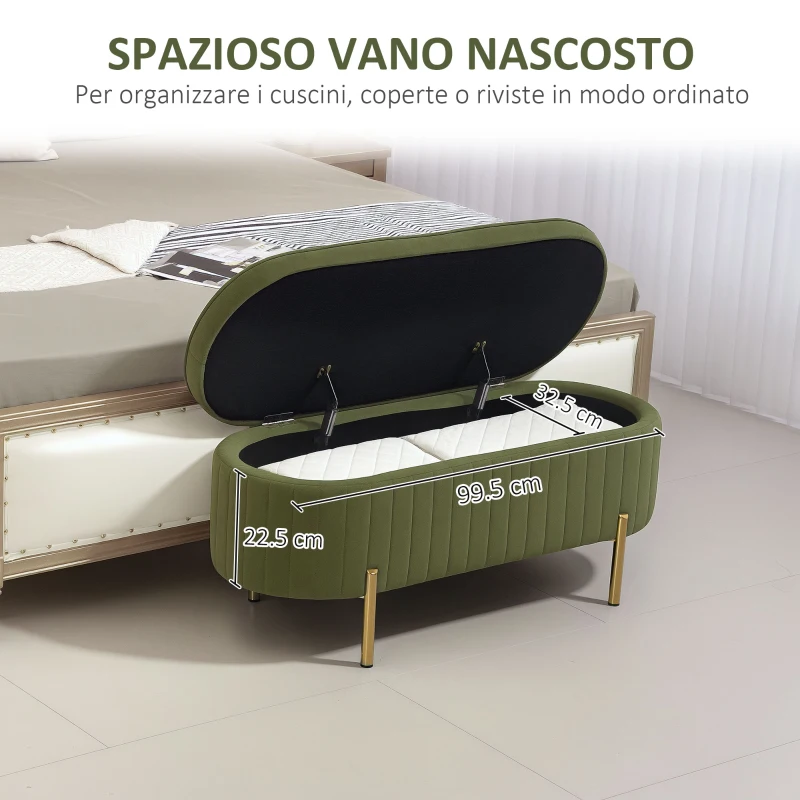 HOMCOM Panca Contenitore Ovale da 72L con Coperchio Sollevabile, in Tessuto Effetto Velluto e Legno, 108x44x43.5 cm, Verde