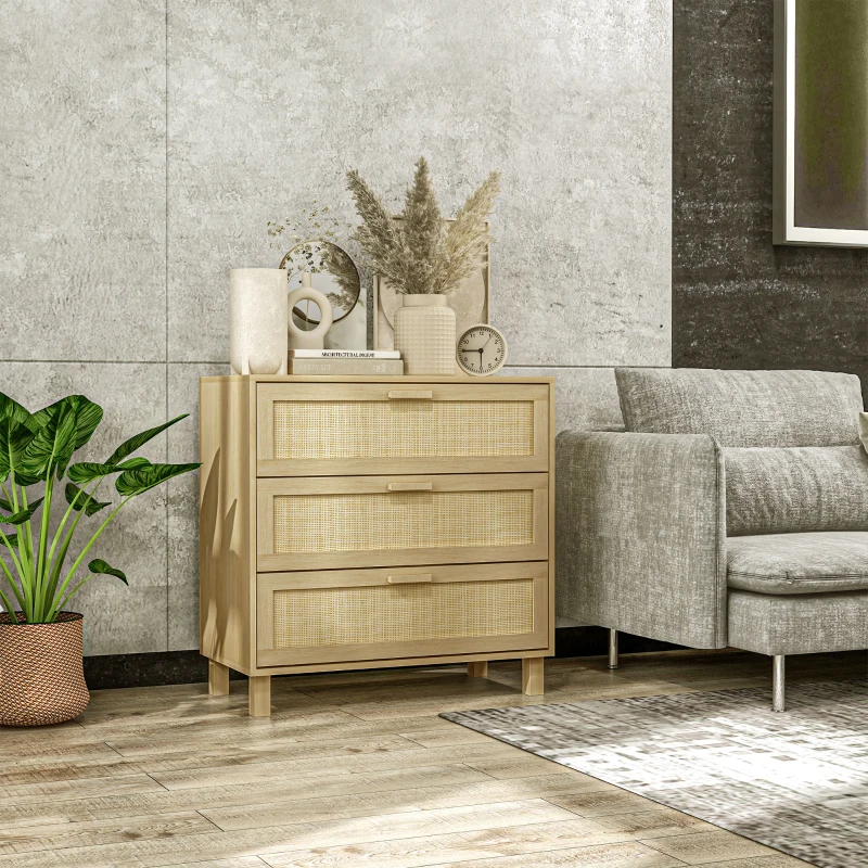 HOMCOM Kommode, Sideboard, Rattandekor, 3 Schubladen, robust, 80x40x80cm, Holzoptik