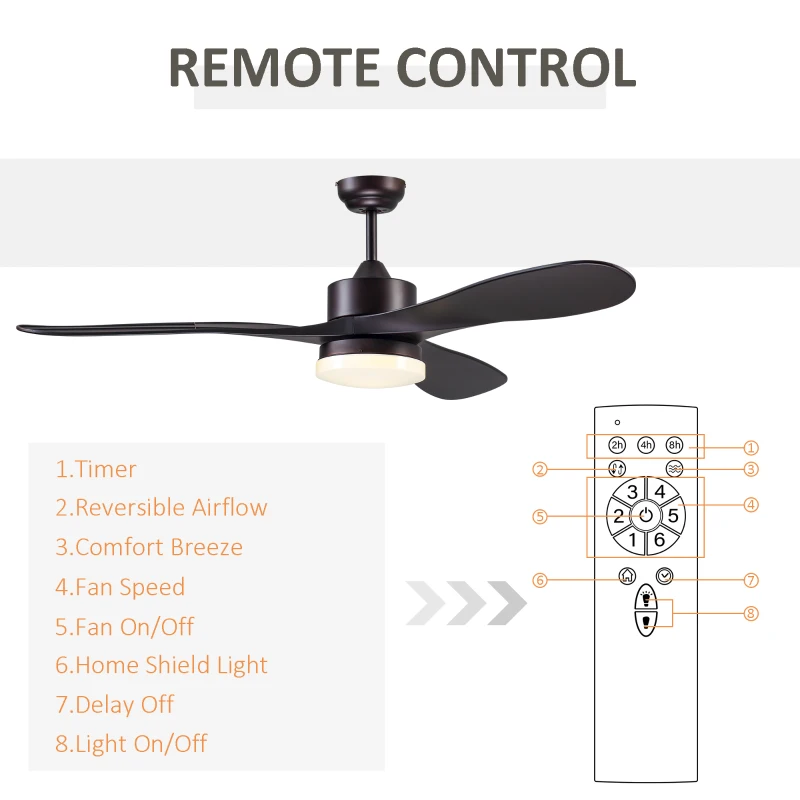 HOMCOM Reversible Indoor Ceiling Fan with Light, Modern Mount LED Lighting Fan with Remote Controller, for Bedroom, Living Room, Brown