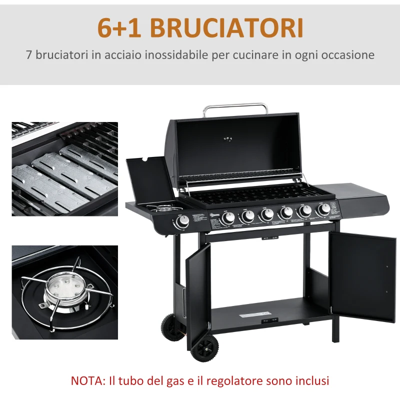 Outsunny Barbecue a Gas con Coperchio, 7 Bruciatori da 20kW, Fornello Laterale e 2 Ruote, 135x50x100cm Nero