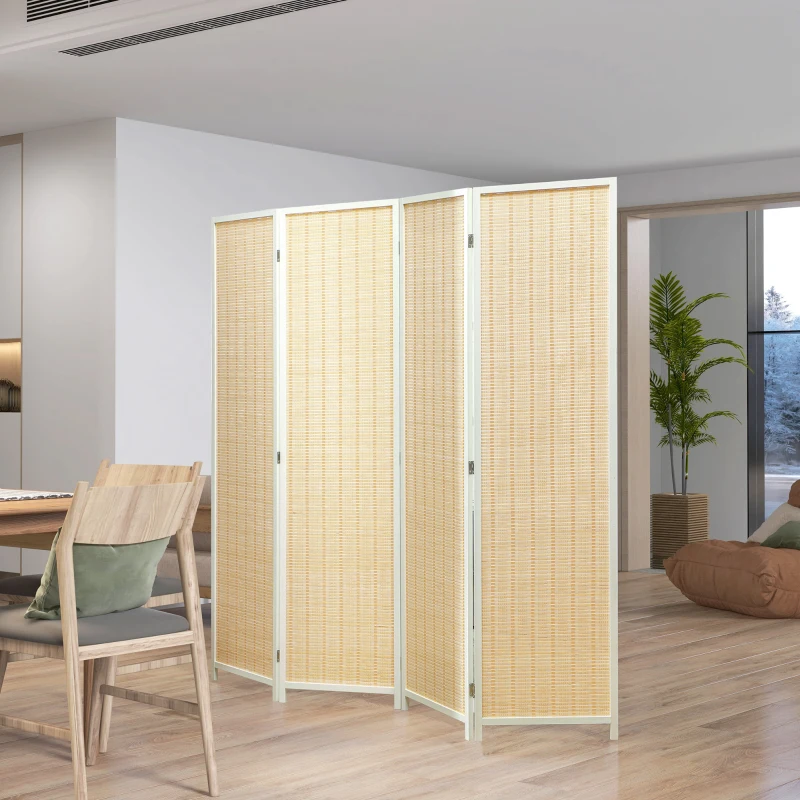 HOMCOM Biombo de 4 Paneles Plegable 180x180 cm Separador de Ambientes Tejido a Mano de Bambú Decoración para Salón Blanco