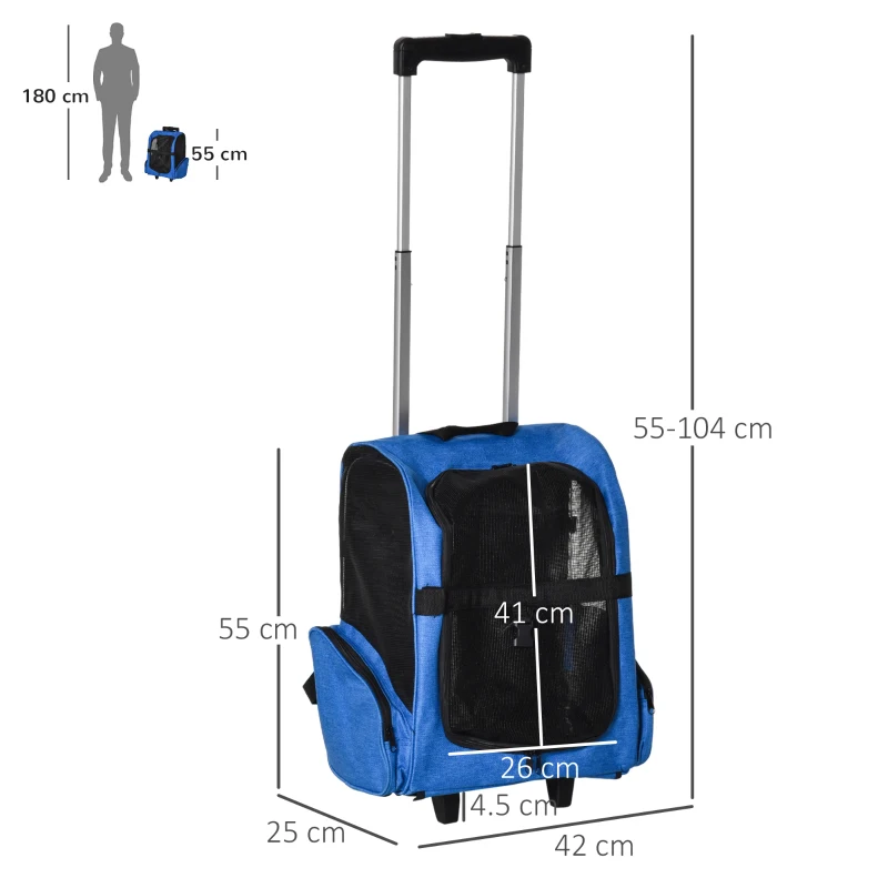 PawHut Trasportino Zaino 2 in 1 per Cani e Gatti con Tasche e Maniglia Telescopica, 42x25x55cm, Blu