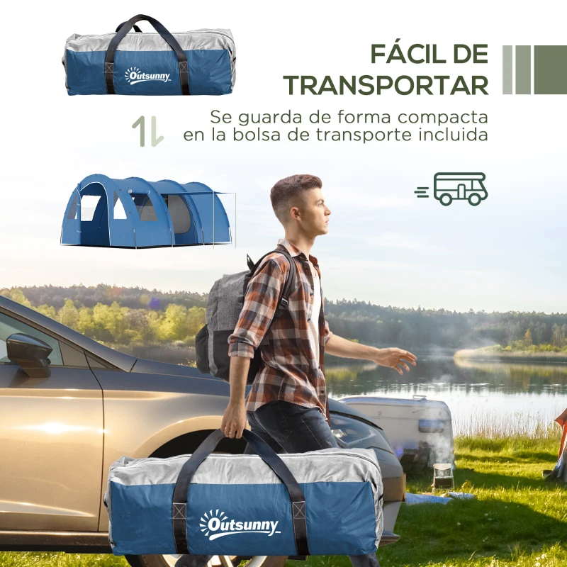 Outsunny Tienda de Campaña Familiar de Túnel para 5-6 Personas Impermeable PU2000 mm con Bolsa de Transporte 475x315x215 cm Azul