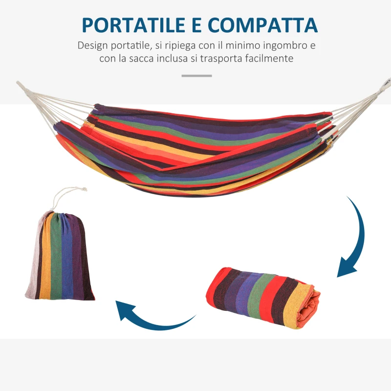 Outsunny Amaca da Giardino Extra Large in Cotone e Poliestere con Sacca di Trasporto, 200x150cm Righe Multicolore