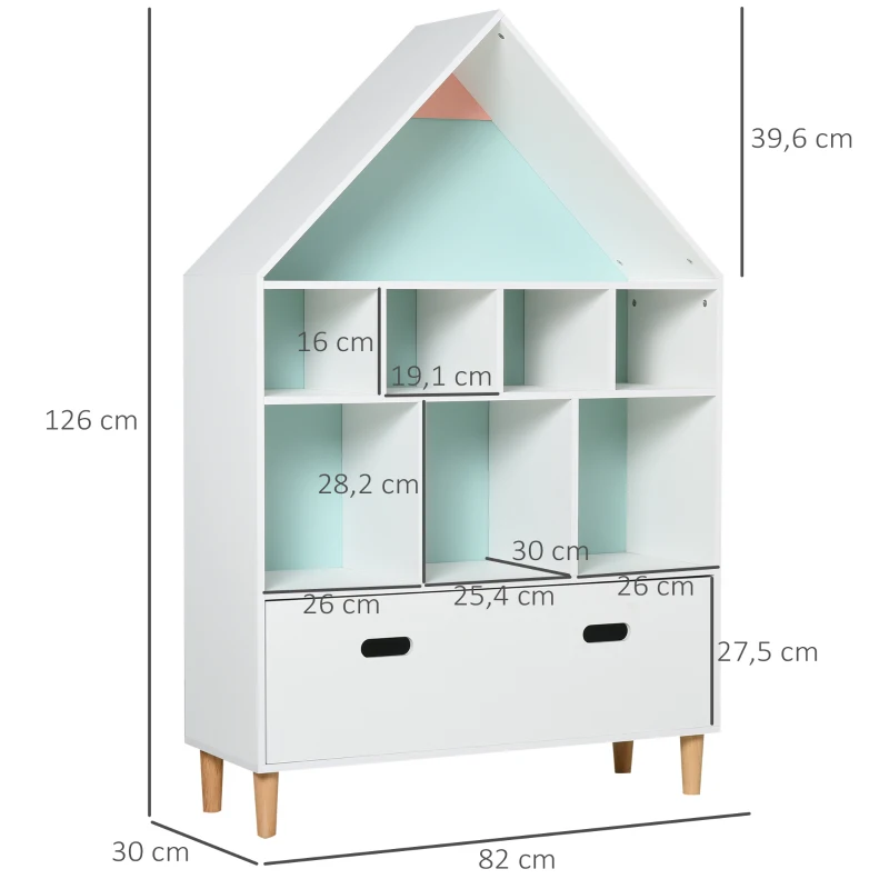 HOMCOM Bibliothèque étagère scandinave design maison 8 niches grand tiroir pieds effilés bois pin MDF blanc bleu ciel