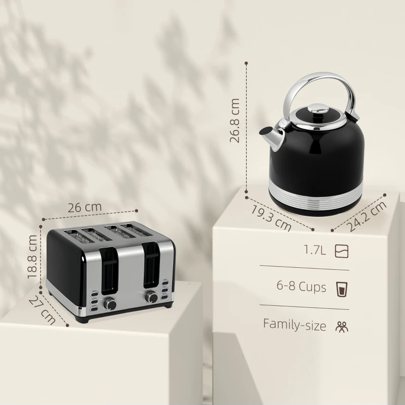 HOMCOM Polished Stainless Steel Kettle and Toaster Set - Black