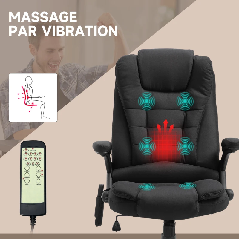 Vinsetto Fauteuil de bureau massant et chauffant, chaise de bureau, chaise ergonomique avec hauteur réglable, dossier inclinable et télécommande filaire, pivotant à 360° tissu en polyester noir