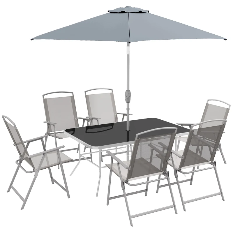 Outsunny Ensemble salon de jardin 8 pièces avec grand parasol, table et chaises pliantes métal époxy textilène polyester gris