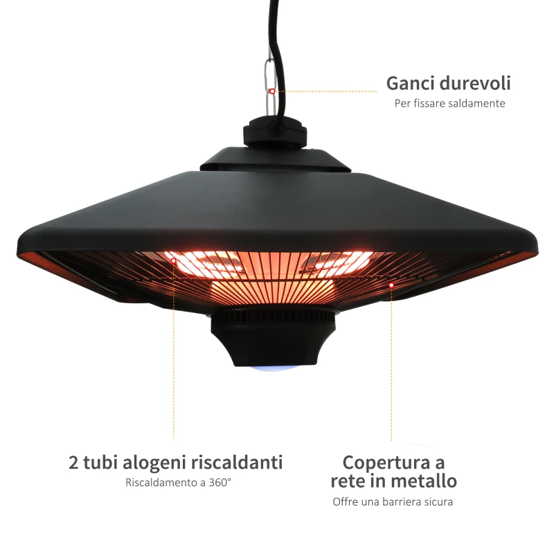 Outsunny Lampada Riscaldante per Esterni con Luce LED, Potenza 1000/2000W e Telecomando, 43x43x25cm, Nero