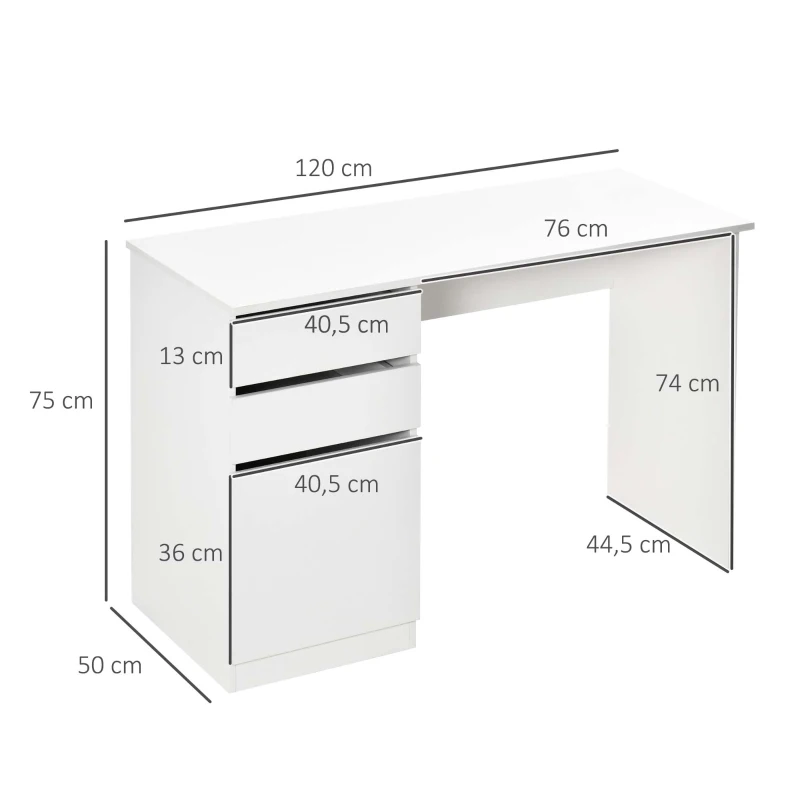 HOMCOM Schreibtisch Computertisch mit 2 Schubladen Schrank Arbeitstisch Bürotisch große Tischplatte modern Weiß 120 x 50 x 75 cm