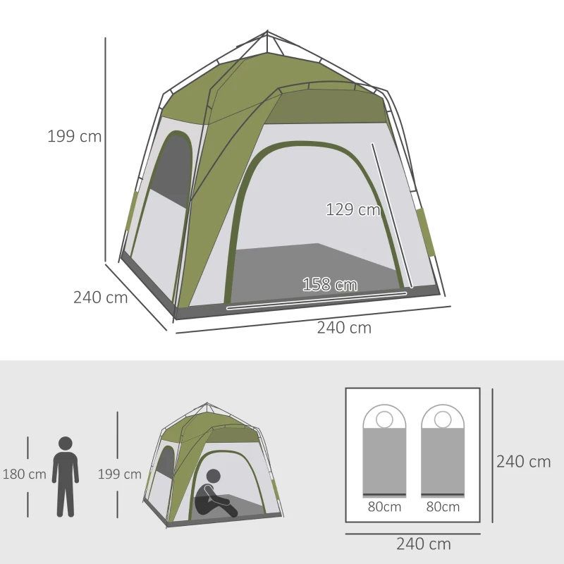 Outsunny Tente de camping, tente pop up dôme familiale 4 personnes, avec 4 portes 4 fenêtres sac de transport inclus pour le camping randonnée vert gris