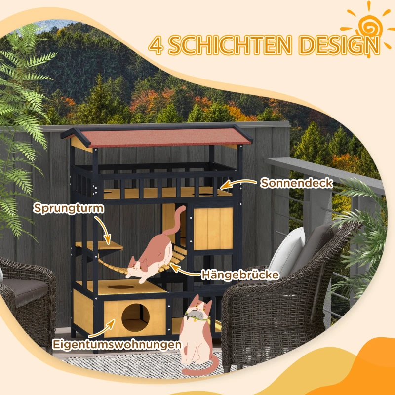 PawHut Katzenhaus, Katzenparadies mit Plattformen, Hängebrücke und Katzenhöhlen, für bis zu 2 Katzen geeignet, Holz(m-4)