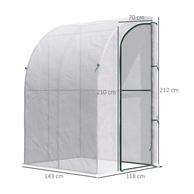 Outsunny Outdoor Walk-In Lean to Wall Greenhouse with Zippered Roll Up Door and PE Cover, 143L x 118W x 212Hcm, White