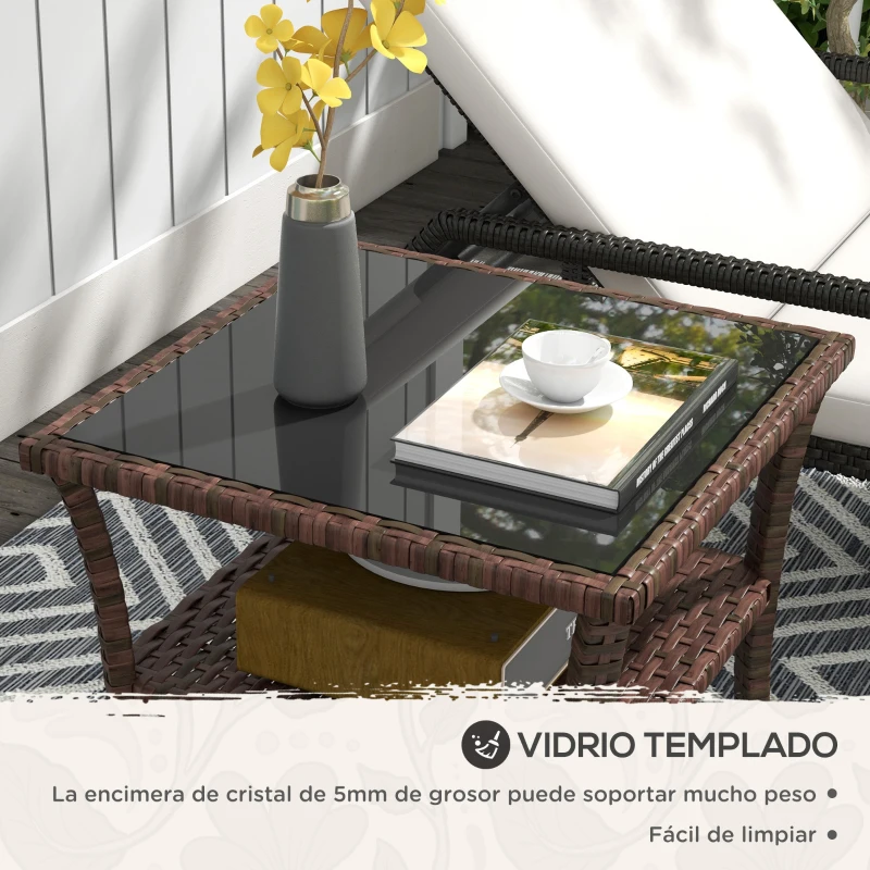 Outsunny Mesa de Ratán PE Cuadrada 50x50x45 cm Mesa de Jardín con Estante Encimera de Cristal y Marco de Acero Carga 30 kg Marrón