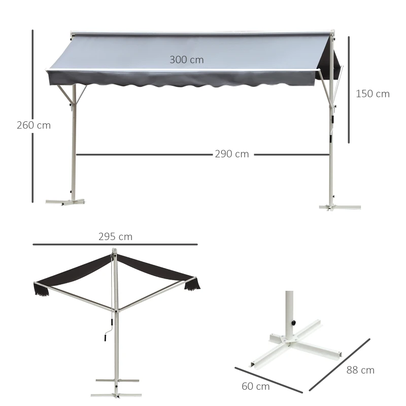 Outsunny Tenda da Sole a Caduta Autoportante, Apertura con Manovella e Inclinazione Regolabile, 300x295cm, Grigio