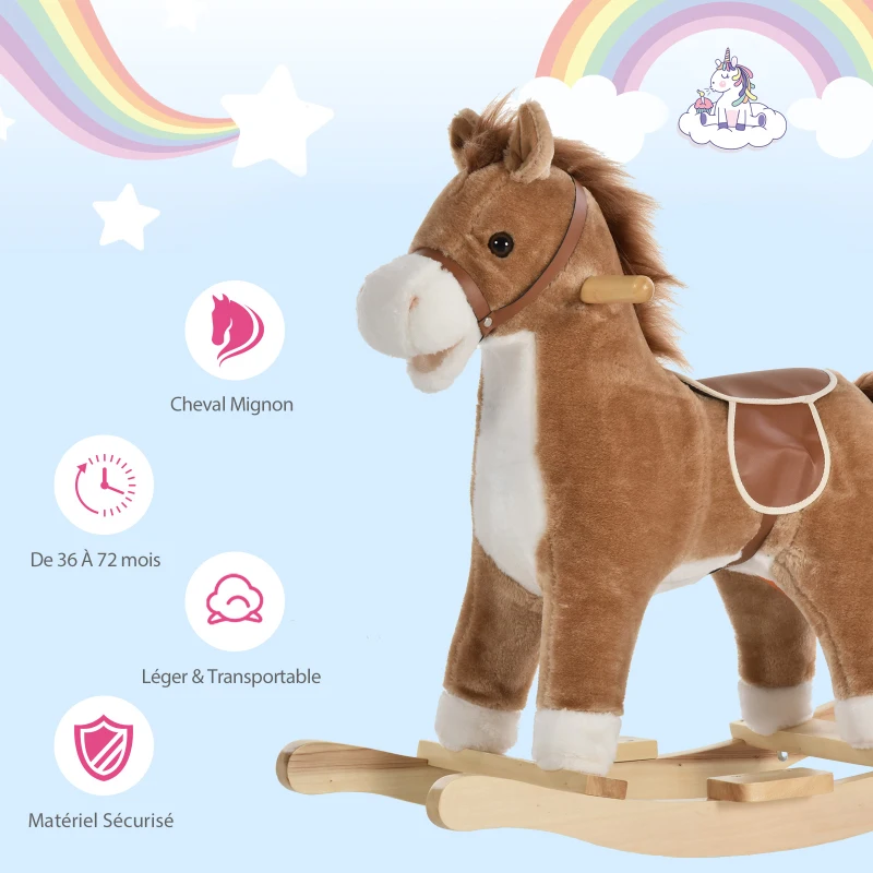 HOMCOM Cheval à Bascule Selle Grand Confort Peluche Courte Douce Bois peuplier Brun dim. 65L x 32,5l x 61H cm(m-4)