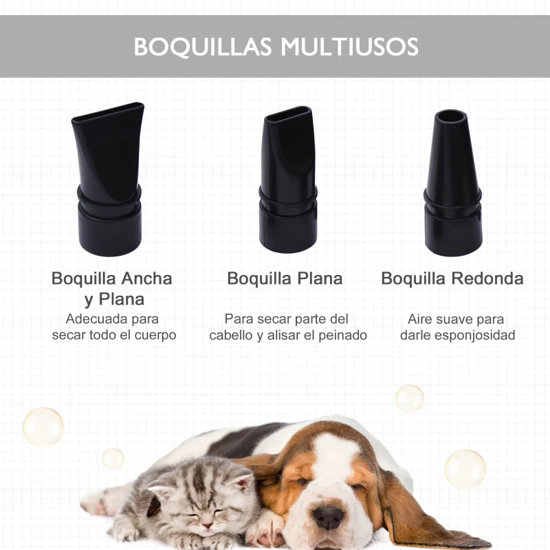 PawHut Secador de Pelo para Perros 2800W Secador para Mascotas con Temperatura y Velocidad del Viento Ajustable 3 Boquillas Tubo Flexible 2,1 m y Asa Portátil 40x16x20 cm Negro