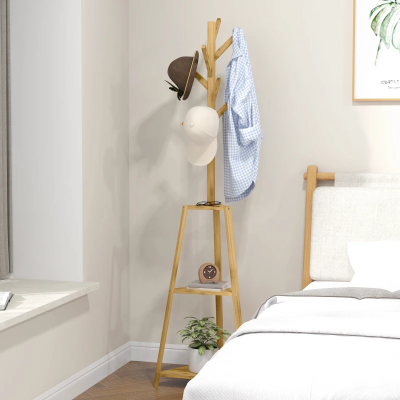 HOMCOM Portemanteau sur pied en bois bambou portant à vêtements 8 patères 3 étagères 46 x 46 x 175 cm naturel