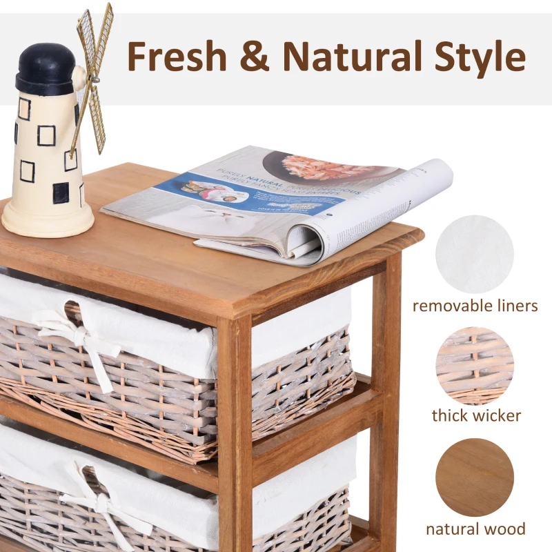 HOMCOM Mobiletto con 5 Cesti per la Casa in Vimini e Legno di Platano 40 x 29 x 90 cm Legno e Bianco