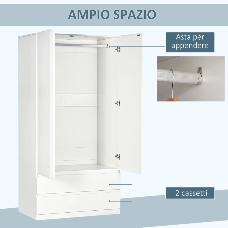 HOMCOM Armadio Guardaroba in Truciolato Bianco con Appendiabiti e 2 Cassetti Scorrevoli per Camere da Letto, 100x60x200 cm
