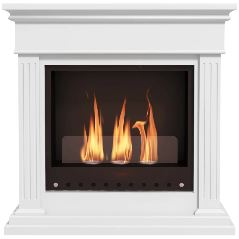 HOMCOM Camino a Bioetanolo con 3 Bruciatori da 0.4L, Pannello in Vetro e Copertura 18㎡, 76x28x76cm, Bianco