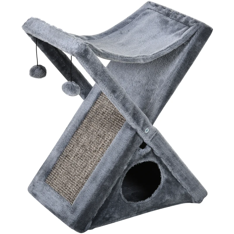 PawHut Arbre à chats pliable design grattoir sisal naturel niche hamac jeu boules suspendues gris