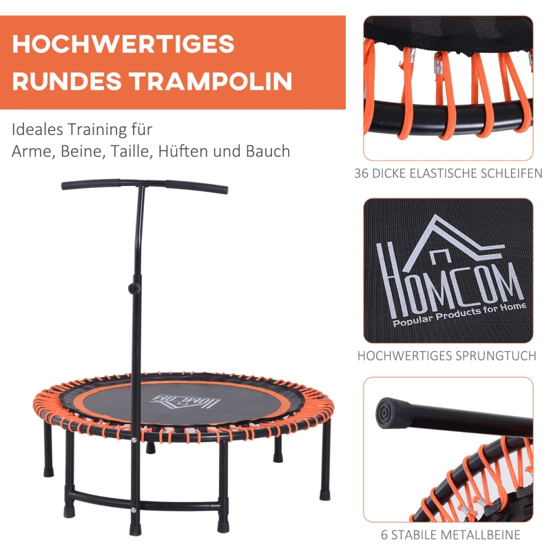 HOMCOM Trampolin, Fitness-Trampolin, Joga Gartentrampolin höhenverstellbar mit Haltegriff für Kinder und Erwachsene, Stahl+Kunststoff+EVA, Schwarz+Orange, 114,3 x 114,3 x 138 cm