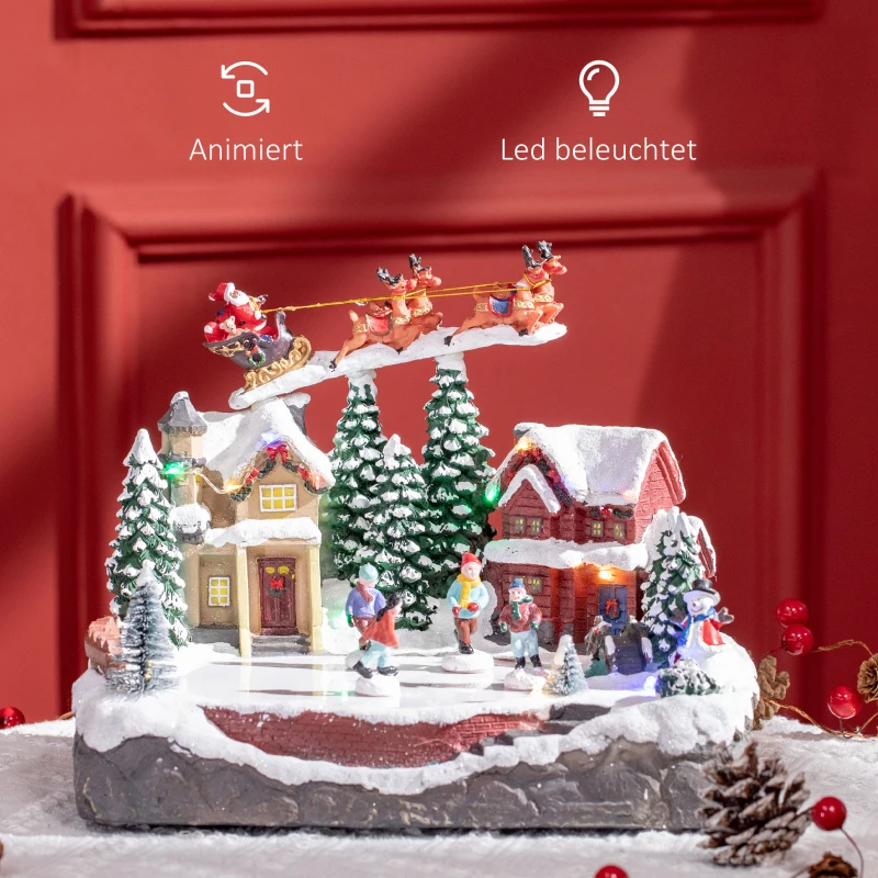 HOMCOM Weihnachtsdeko, Weihnachtsdorf, 13 bunte LEDs, bewegliche Schlittschuhläufer, 30 x 24,5 x 23cm