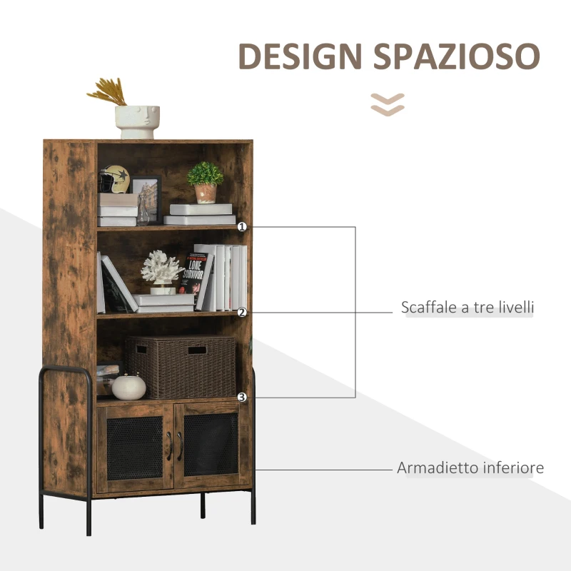 HOMCOM Mobile Libreria Design Industriale con Ripiani e Armadietto in Legno e Metallo, Marrone Rustico e Nero, 81x40x160cm