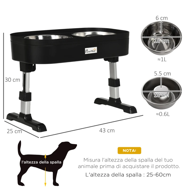 PawHut Set di Ciotole Rialzate per Cani in acciaio con Altezza Regolabile su 4 Livelli, Nero