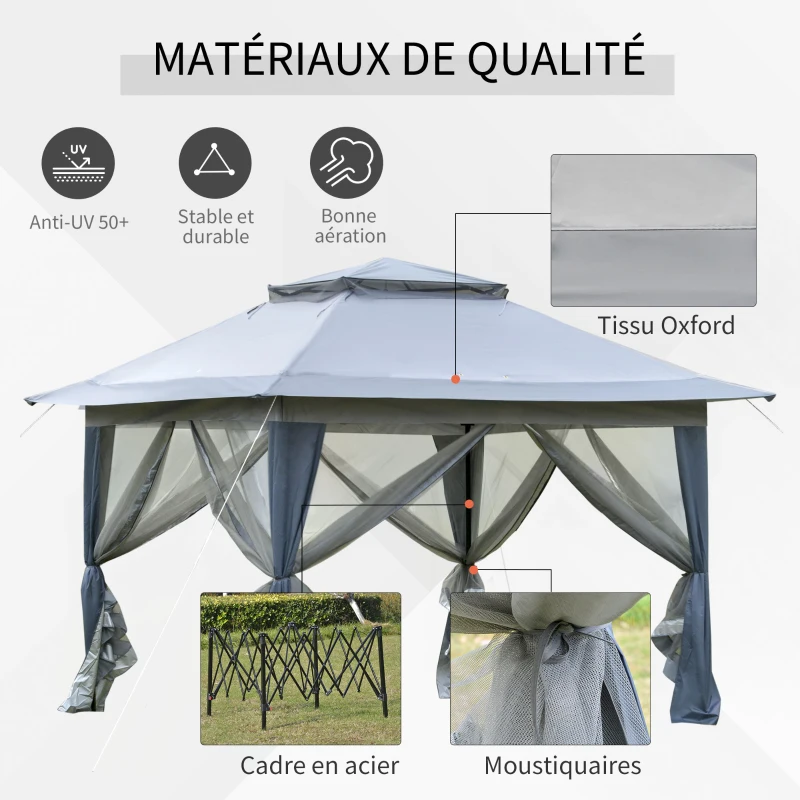 Outsunny Tonnelle barnum de jardin pop-up pliant 4 x 4 m acier polyester moustiquaires + sac de transport à roulettes gris