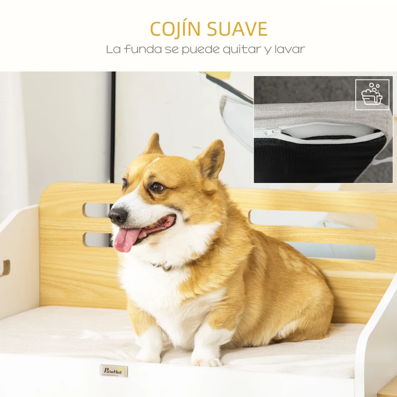 PawHut Cama de Madera para Perros Gatos Cama para Mascotas con Comedero 2 Cuencos Cojín Acolchado y Asas Huecas 100x56x39 cm Roble y Blanco