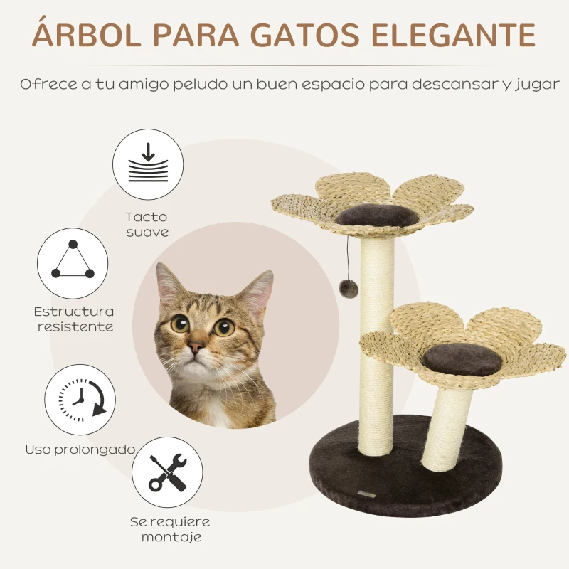 PawHut Árbol Rascador para Gatos Torre para Gatos con Camas Forma de Flor Postes Rascadores 50x50x69 cm Marrón y Beige