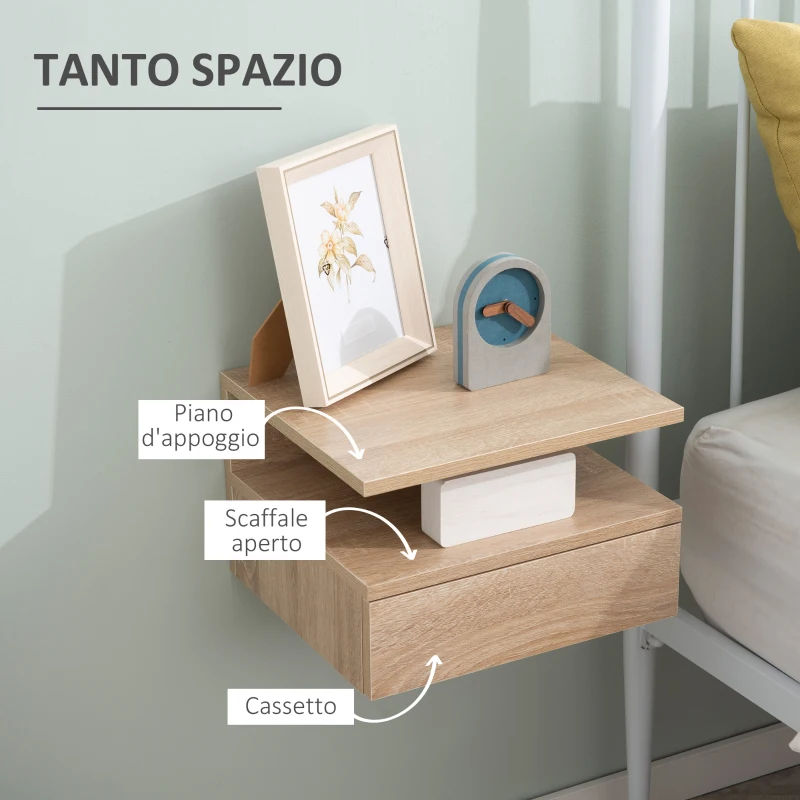 HOMCOM Set da 2 Comodini Moderni Sospesi con Cassetto e Ripiano in Legno 35x32x22.5cm, Rovere