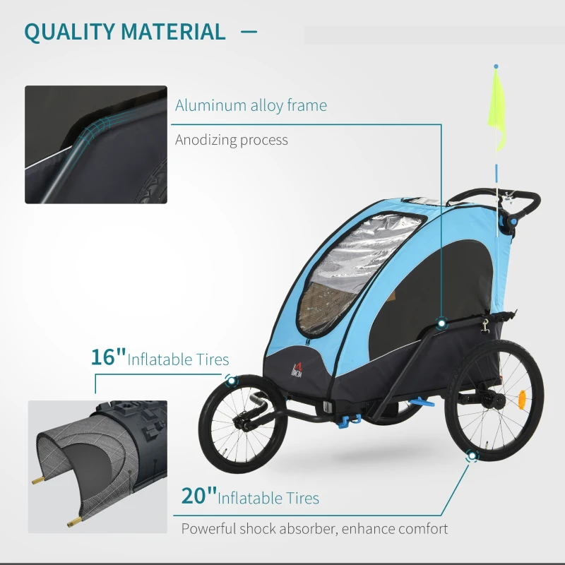 HOMCOM 3 In 1 Foldable Children Bike Trailer Kids Stroller Jogger Transport Buggy Carrier w/ Suspension Rubber Tires Adjustable Handlebar for 2 Kids Blue and Black