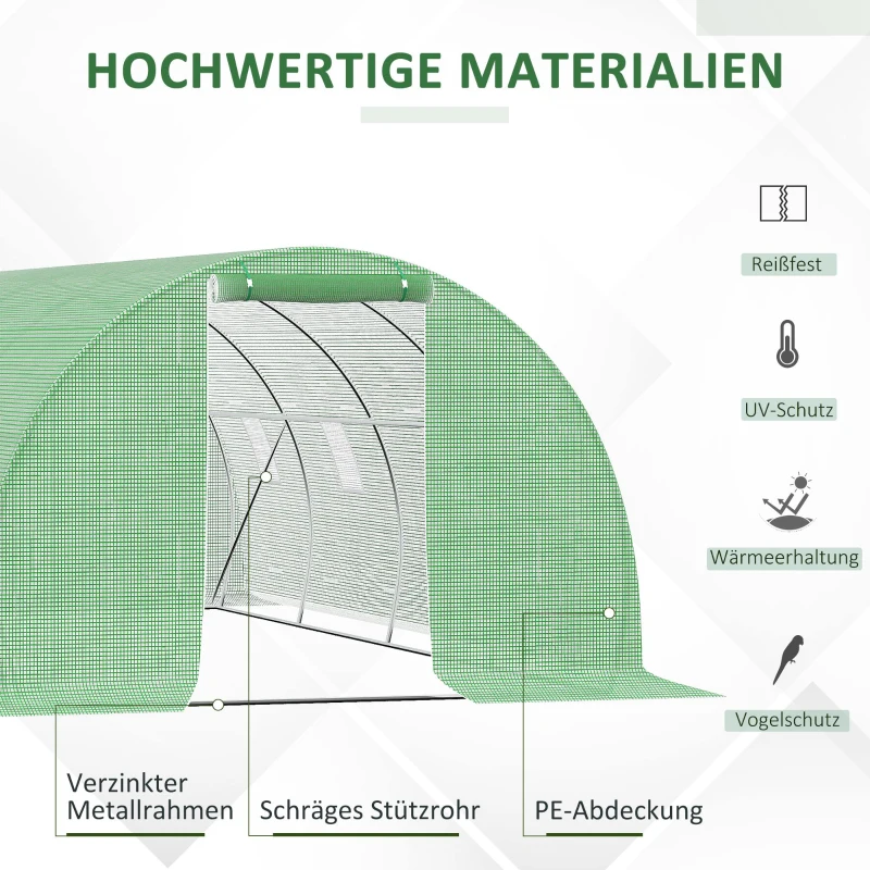 Outsunny Foliengewächshaus, begehbar, 8 Fenster mit Fliegennetz, robuste Folie, Stahlrahmen, 6 x 3 x 2 m, Grün