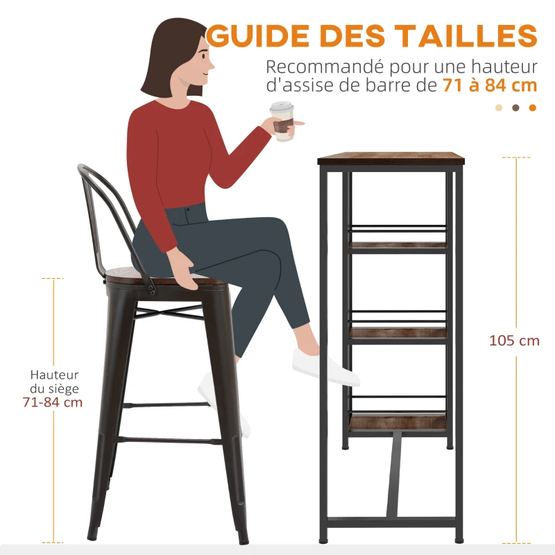 HOMCOM Table de bar table haute de cuisine mange-debout avec étagères 120 x 40 x 105 cm piètement acier noir
