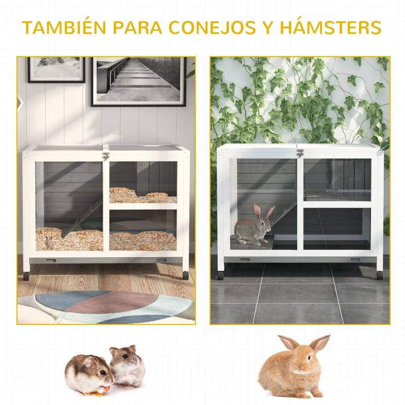 PawHut Conejera de Madera con Ruedas 91,5x53,3x73 cm Jaula para Conejos de 2 Niveles con Techo Abatible Gris