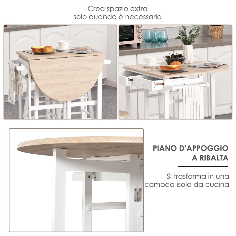 HOMCOM Carrello da Cucina Pieghevole, Mobile da Cucina Salvaspazio con 2 Sgabelli 2 Cassetti 5 Ruote (Rotazione 360°), Legno MDF Bianco