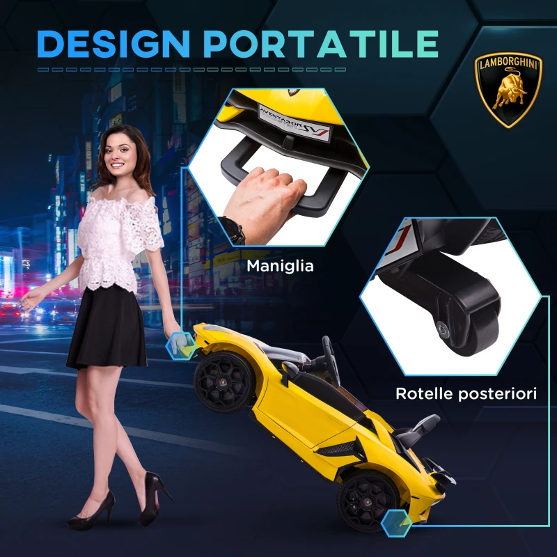 HOMCOM Macchina Elettrica per Bambini 12V con Licenza Lamborghini, Telecomando, Clacson e Musica, Giallo