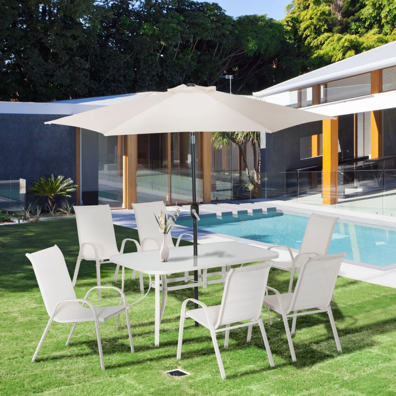 Outsunny Set da Giardino 8 Pezzi con Sedie, Ombrellone e Tavolo con Piano in Vetro